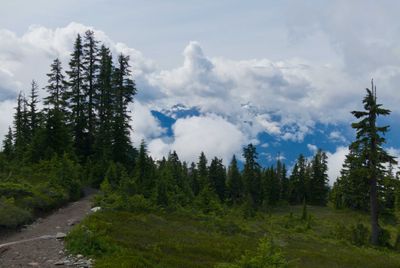 Hiking up into the alpine with spotted cloud cover over the mountains